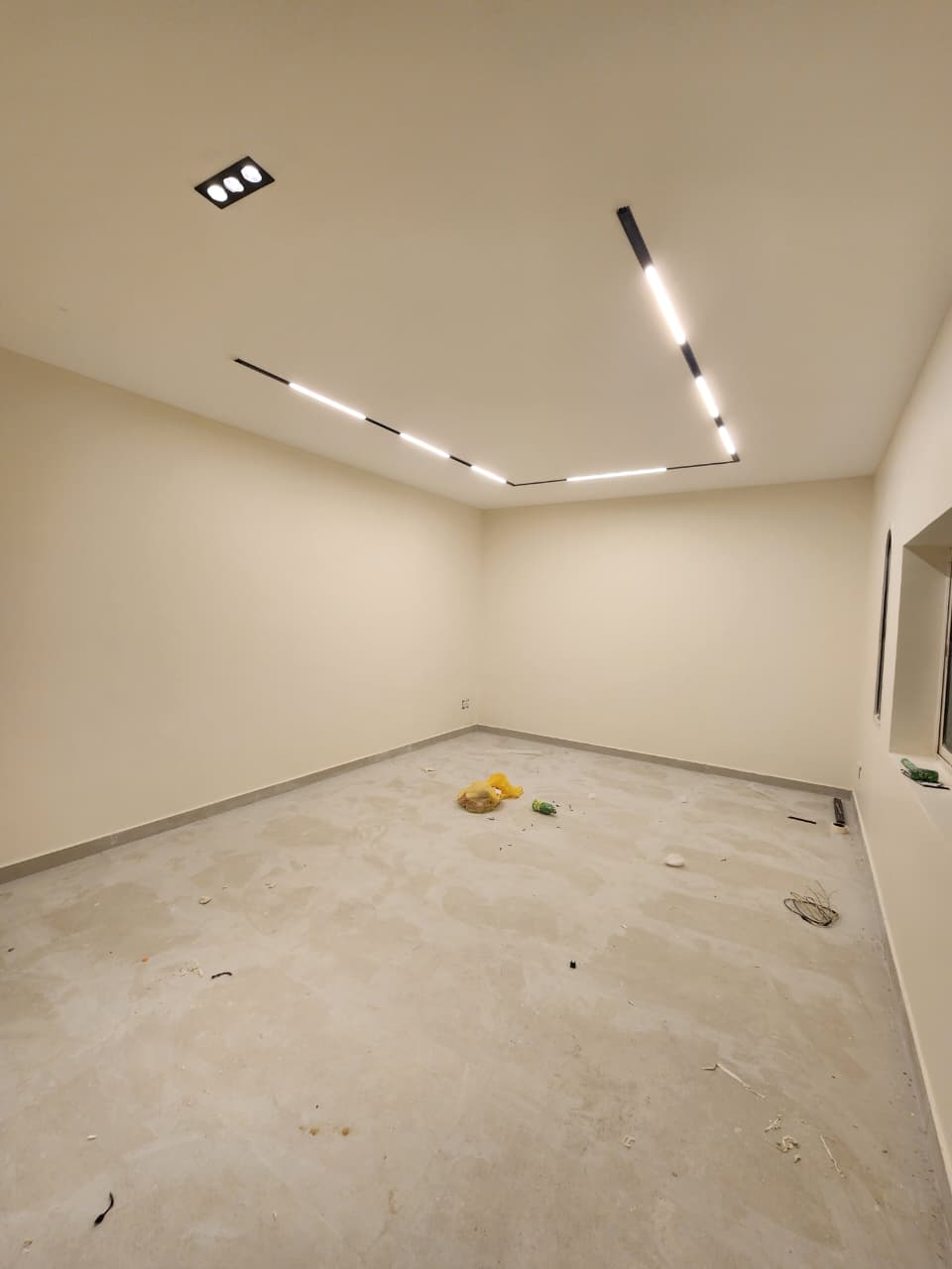 Corner view of the living room showing the angled black track lighting and a window opening.